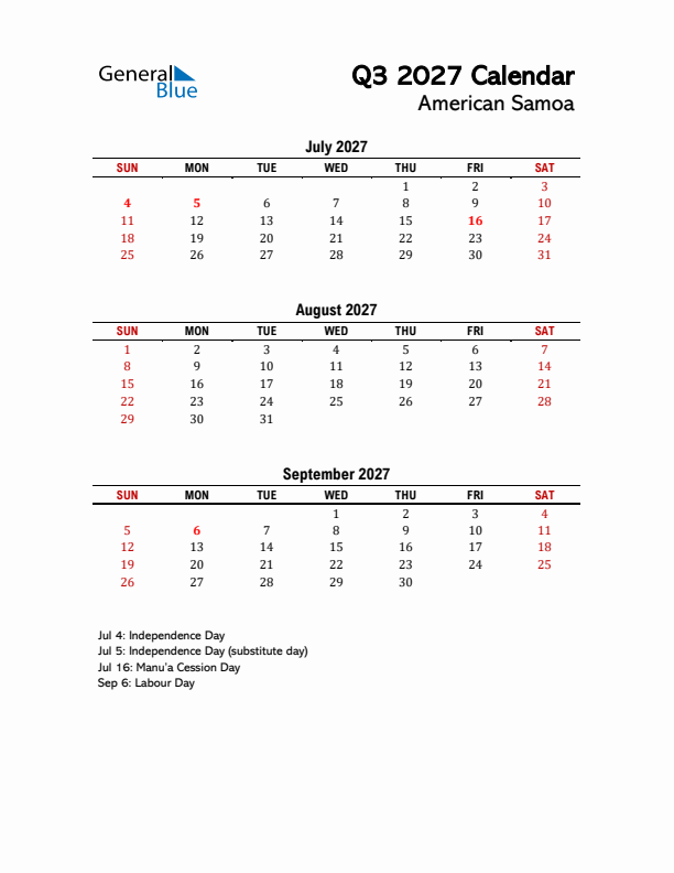 2027 Q3 Calendar with Holidays List for American Samoa