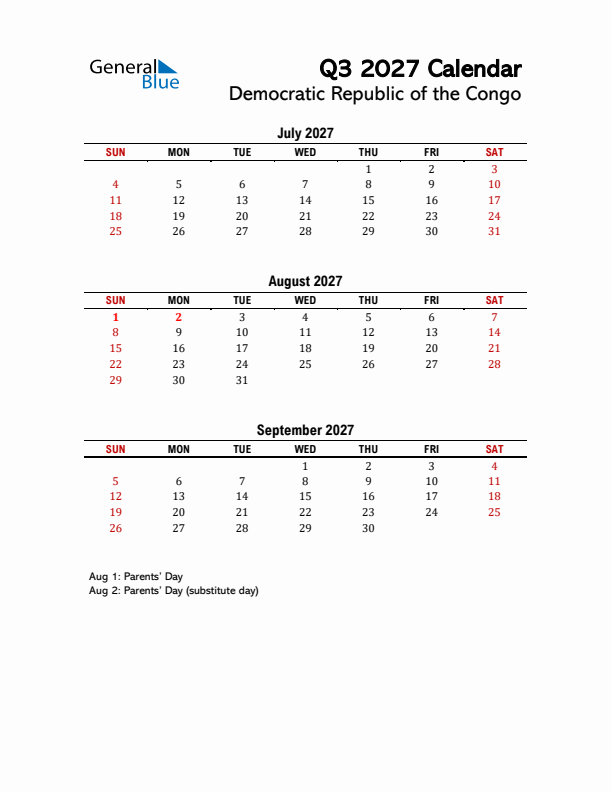 2027 Q3 Calendar with Holidays List for Democratic Republic of the Congo