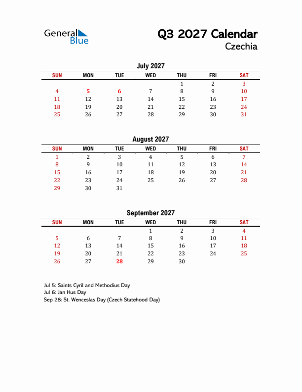 2027 Q3 Calendar with Holidays List for Czechia