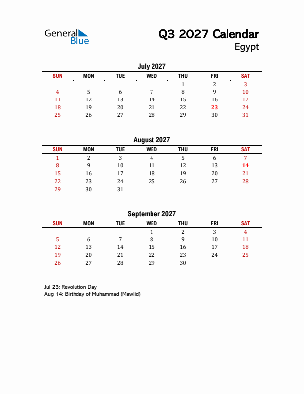 2027 Q3 Calendar with Holidays List for Egypt