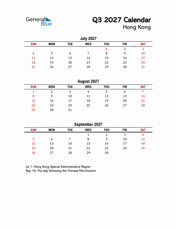 2027 Q3 Calendar with Holidays List for Hong Kong
