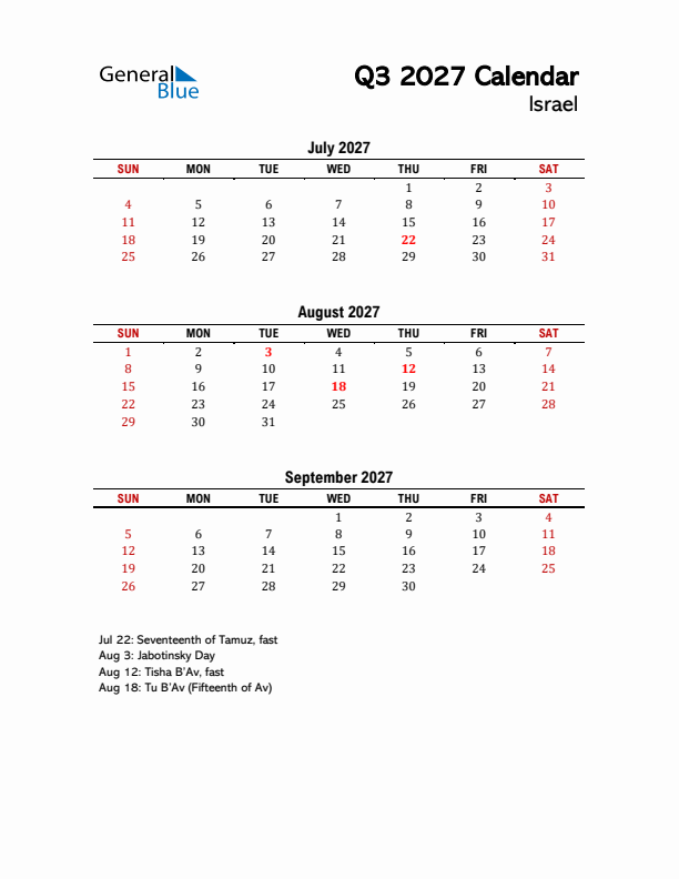 2027 Q3 Calendar with Holidays List for Israel