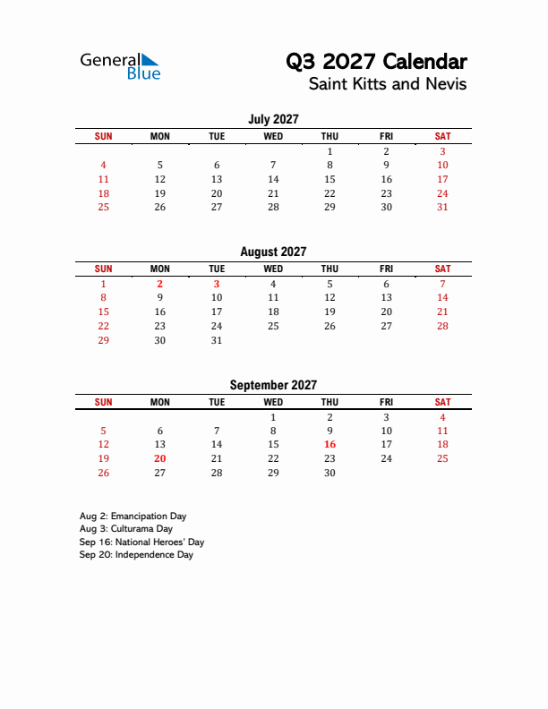 2027 Q3 Calendar with Holidays List for Saint Kitts and Nevis