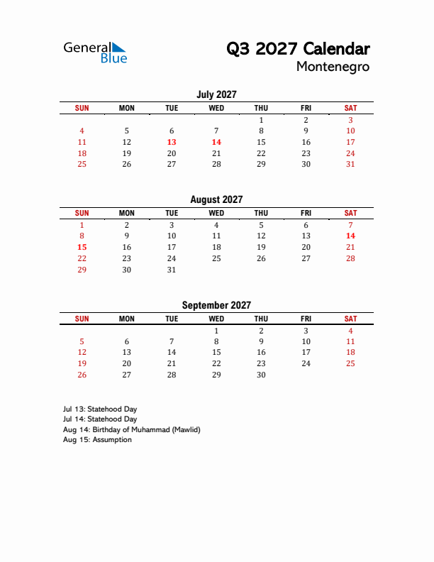 2027 Q3 Calendar with Holidays List for Montenegro
