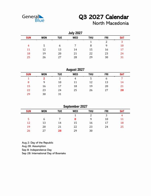 2027 Q3 Calendar with Holidays List for North Macedonia