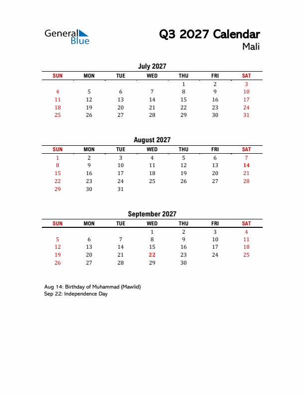 2027 Q3 Calendar with Holidays List for Mali