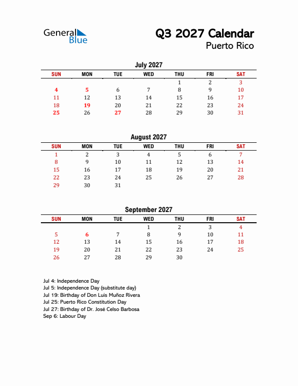 2027 Q3 Calendar with Holidays List for Puerto Rico