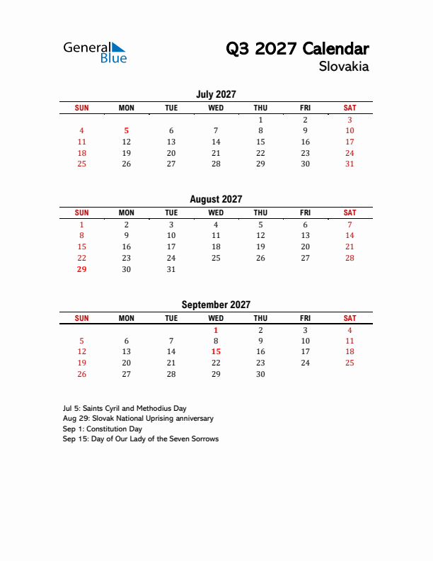 2027 Q3 Calendar with Holidays List for Slovakia