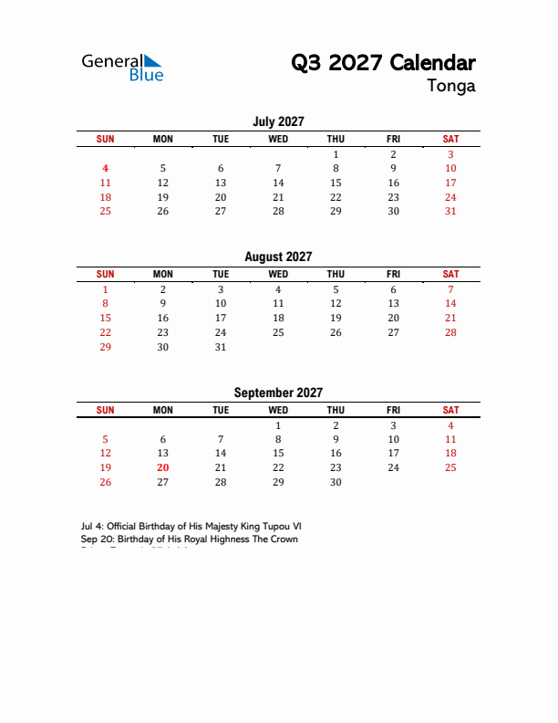 2027 Q3 Calendar with Holidays List for Tonga