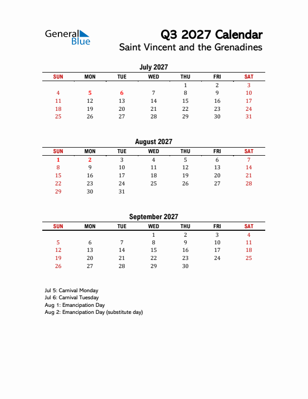 2027 Q3 Calendar with Holidays List for Saint Vincent and the Grenadines