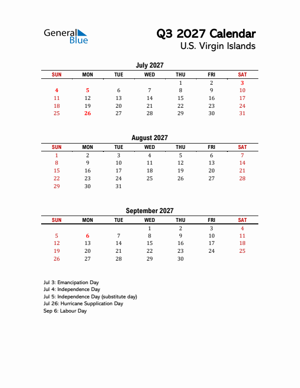 2027 Q3 Calendar with Holidays List for U.S. Virgin Islands