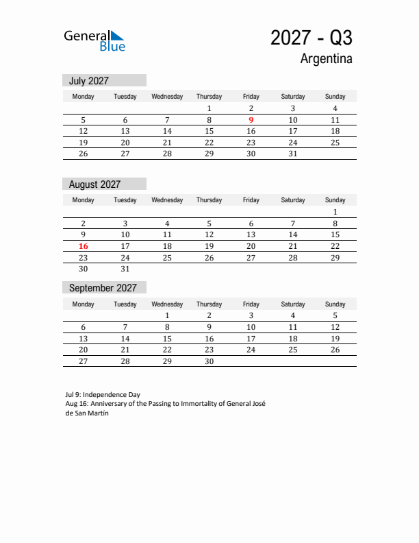 Argentina Quarter 3 2027 Calendar with Holidays
