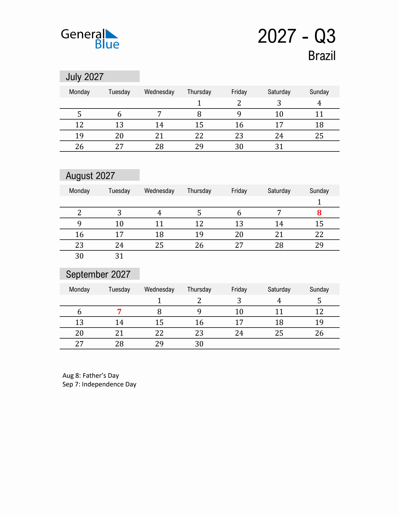 Brazil Quarter 3 2027 Calendar with Holidays
