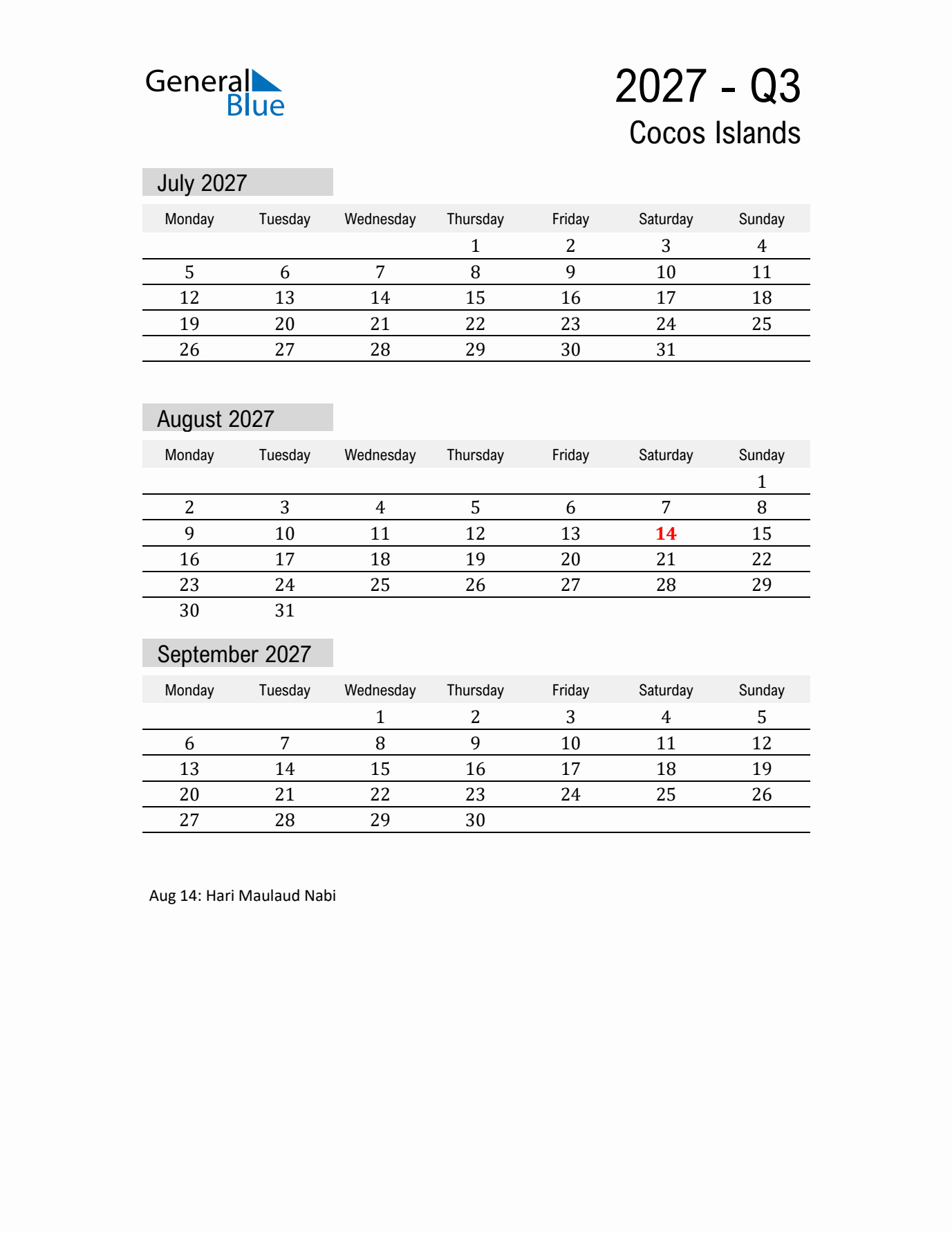 Cocos Islands Quarter 3 2027 Calendar with Holidays