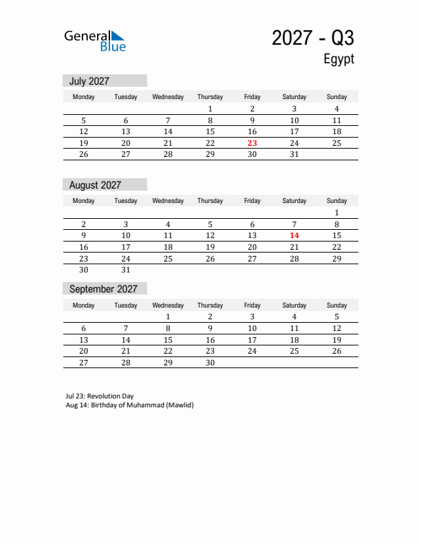 Egypt Quarter 3 2027 Calendar with Holidays