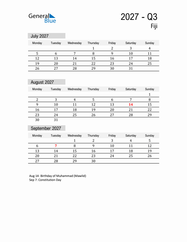 Fiji Quarter 3 2027 Calendar with Holidays