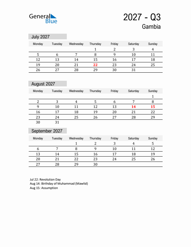 Gambia Quarter 3 2027 Calendar with Holidays