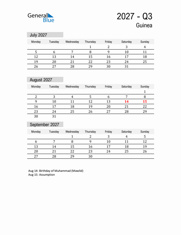 Guinea Quarter 3 2027 Calendar with Holidays
