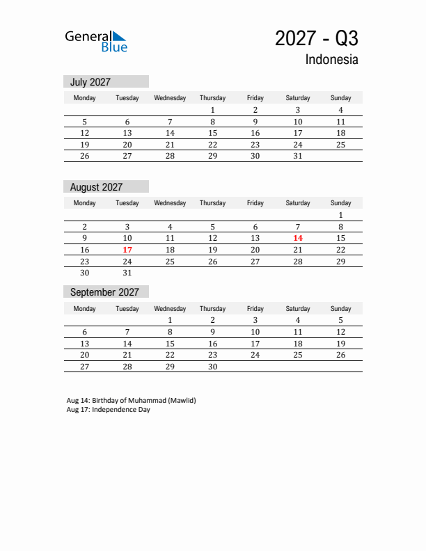Indonesia Quarter 3 2027 Calendar with Holidays