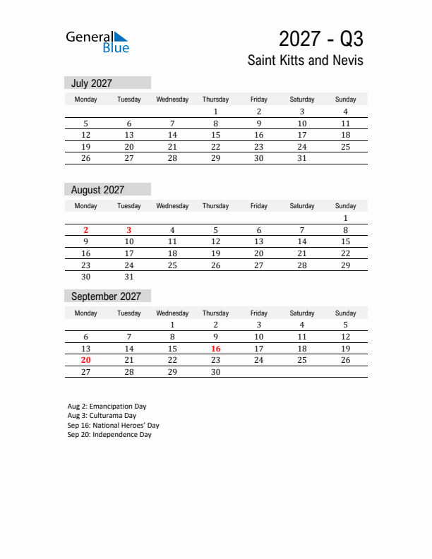 Saint Kitts and Nevis Quarter 3 2027 Calendar with Holidays