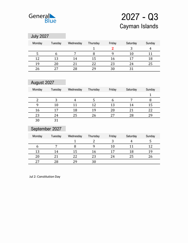 Cayman Islands Quarter 3 2027 Calendar with Holidays