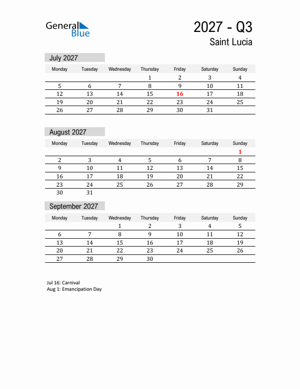 Saint Lucia Quarter 3 2027 Calendar with Holidays