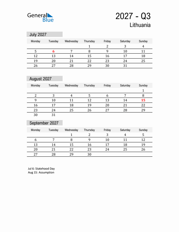 Lithuania Quarter 3 2027 Calendar with Holidays