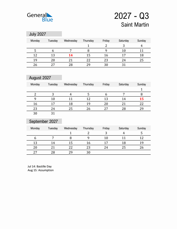 Saint Martin Quarter 3 2027 Calendar with Holidays