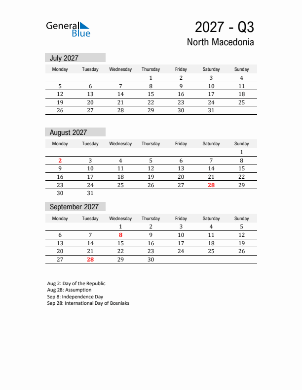 North Macedonia Quarter 3 2027 Calendar with Holidays