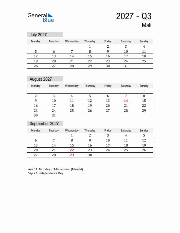Mali Quarter 3 2027 Calendar with Holidays