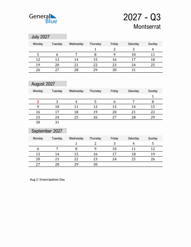 Montserrat Quarter 3 2027 Calendar with Holidays