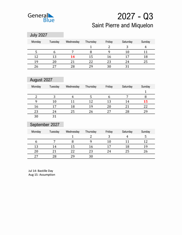 Saint Pierre and Miquelon Quarter 3 2027 Calendar with Holidays