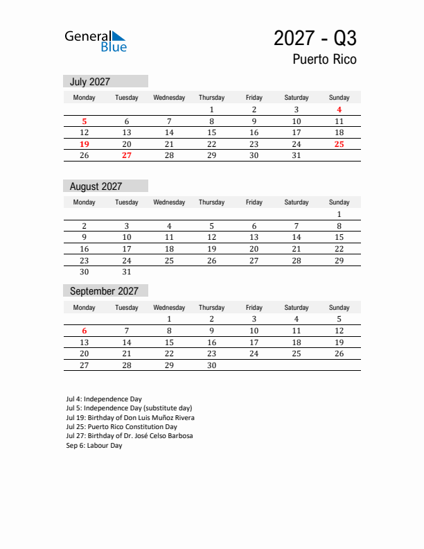 Puerto Rico Quarter 3 2027 Calendar with Holidays