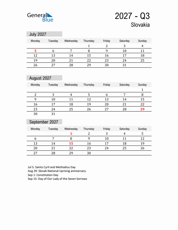 Slovakia Quarter 3 2027 Calendar with Holidays