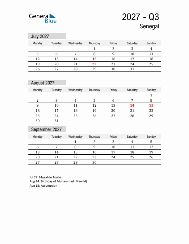 Senegal Quarter 3 2027 Calendar with Holidays