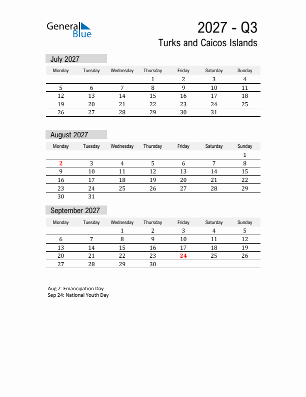 Turks and Caicos Islands Quarter 3 2027 Calendar with Holidays