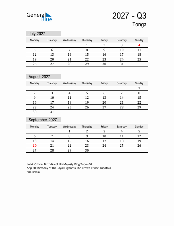 Tonga Quarter 3 2027 Calendar with Holidays