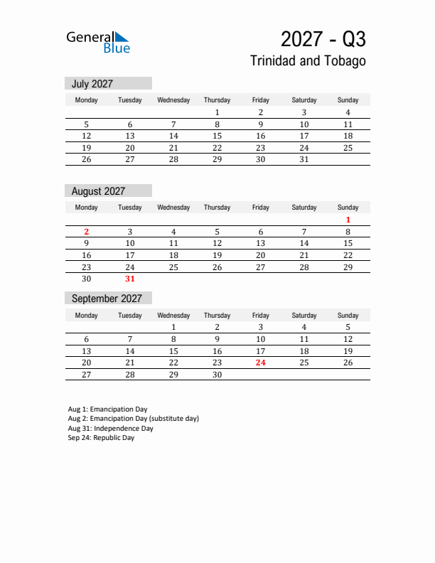 Trinidad and Tobago Quarter 3 2027 Calendar with Holidays