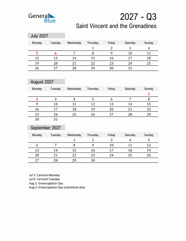 Saint Vincent and the Grenadines Quarter 3 2027 Calendar with Holidays
