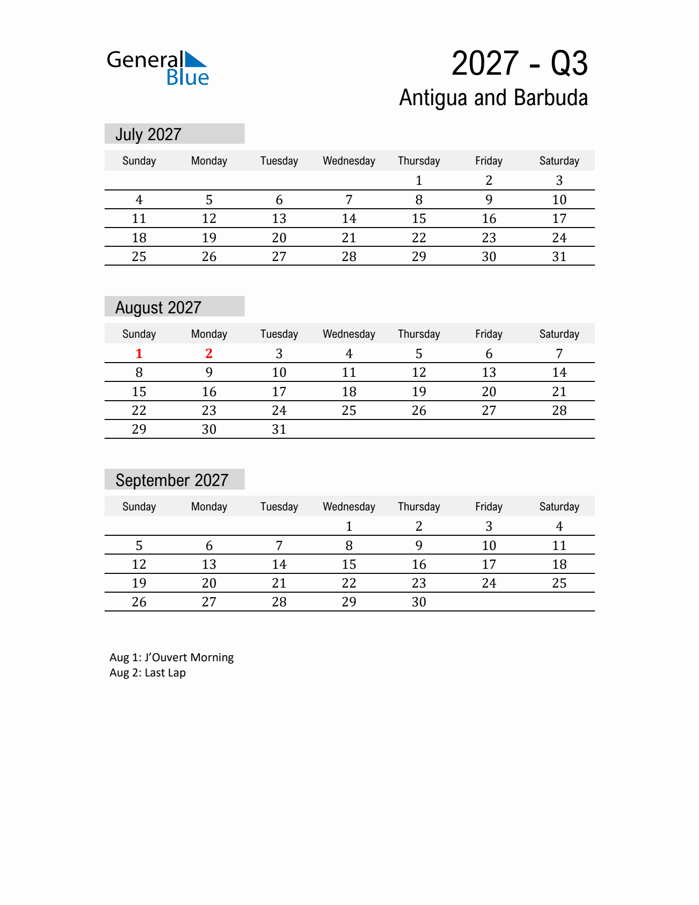 Antigua and Barbuda Quarter 3 2027 Calendar with Holidays