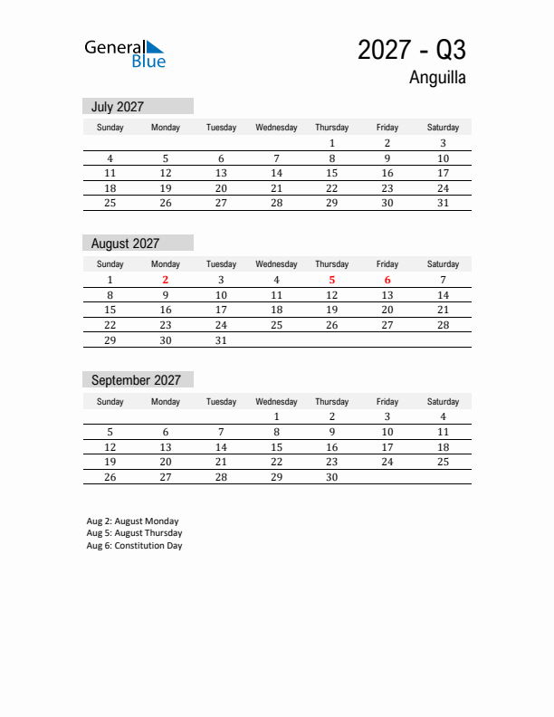 Anguilla Quarter 3 2027 Calendar with Holidays