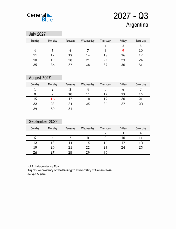 Argentina Quarter 3 2027 Calendar with Holidays