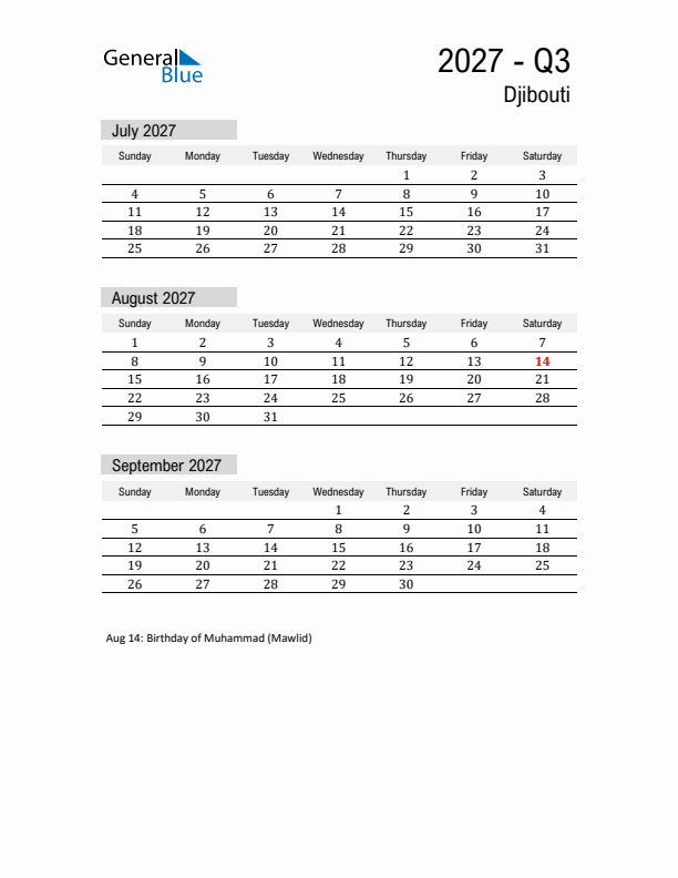 Djibouti Quarter 3 2027 Calendar with Holidays