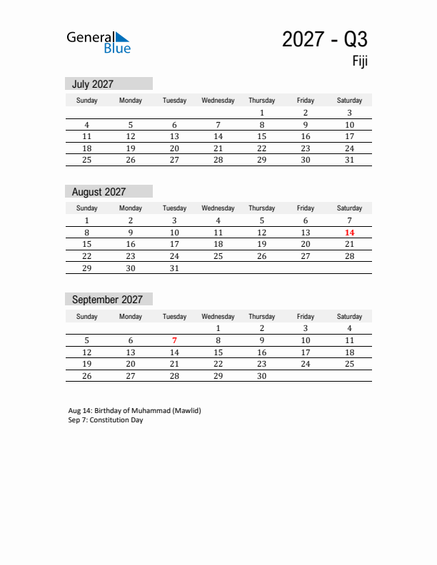 Fiji Quarter 3 2027 Calendar with Holidays