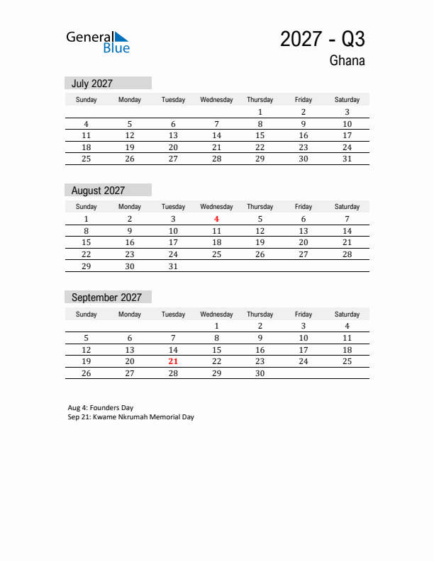 Ghana Quarter 3 2027 Calendar with Holidays
