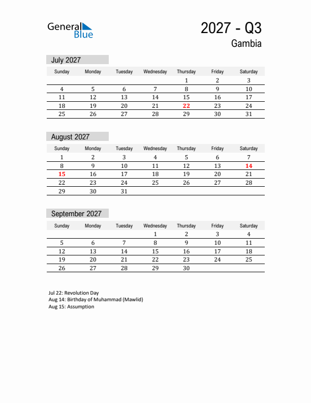 Gambia Quarter 3 2027 Calendar with Holidays