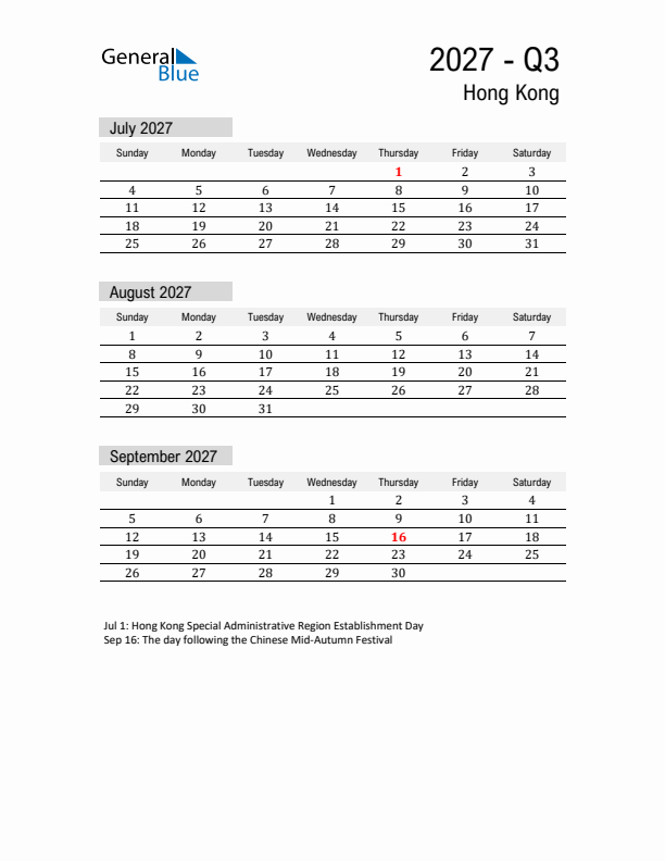 Hong Kong Quarter 3 2027 Calendar with Holidays