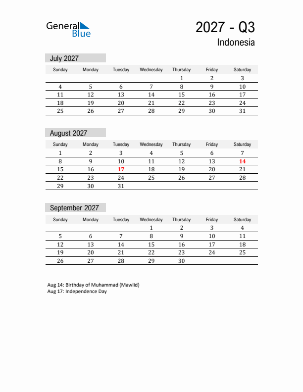 Indonesia Quarter 3 2027 Calendar with Holidays