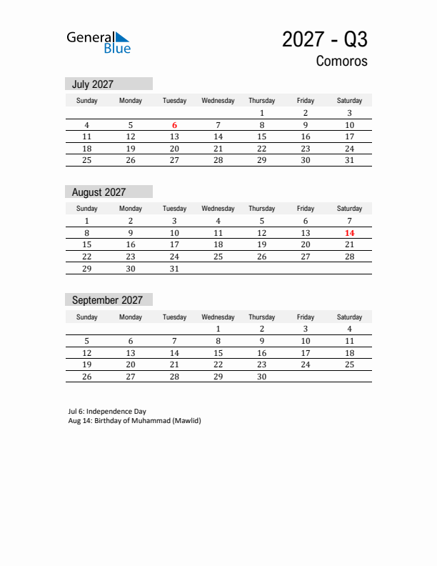 Comoros Quarter 3 2027 Calendar with Holidays