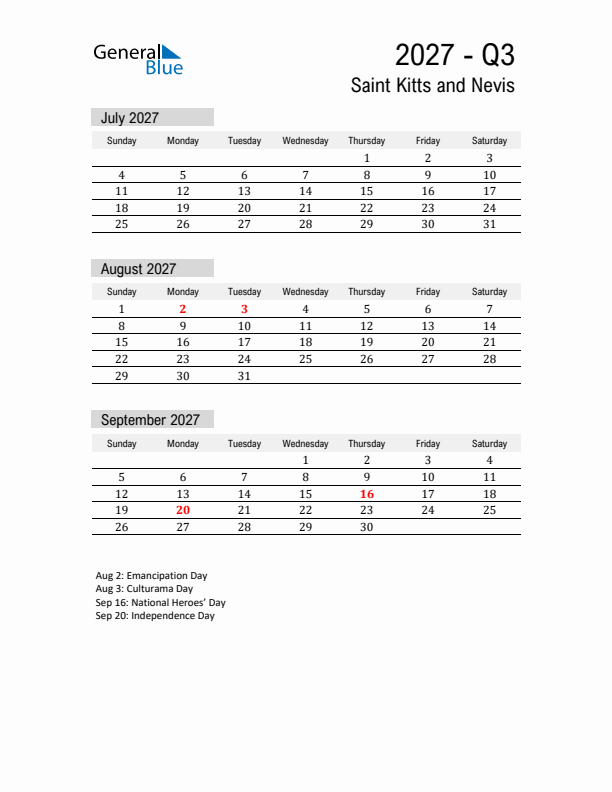 Saint Kitts and Nevis Quarter 3 2027 Calendar with Holidays